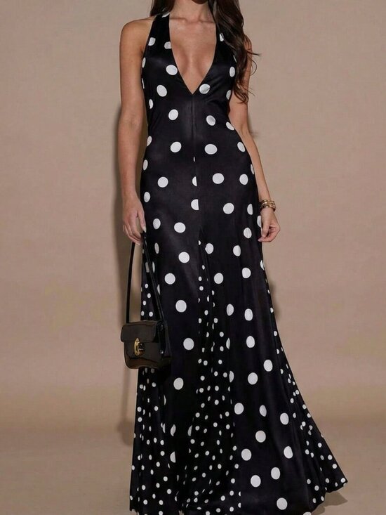 Dresses & Skirts - Black Sexy Women's Polka Dot Print Halter Backless Sleeveless Dress